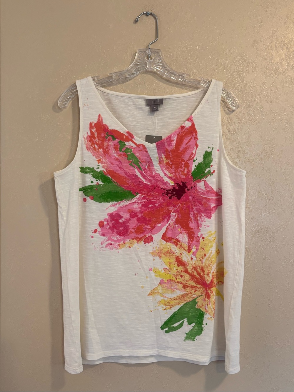 NWT J. Jill Watercolor Painted Floral Knit Textured Tank Top 100% Cotton sz M